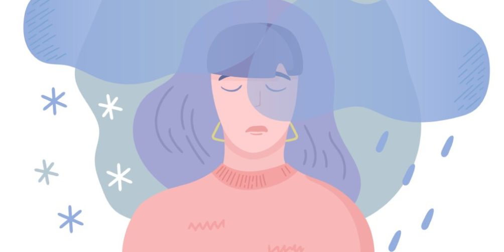 Woman in pink sweater with rain and snow clouds over her face