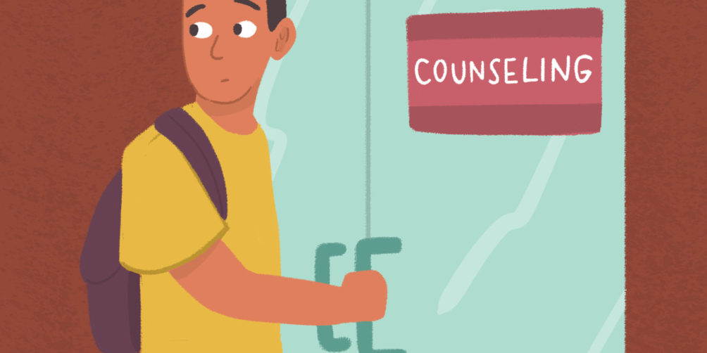 Man who is entering a building with a sign that says "counseling" on it