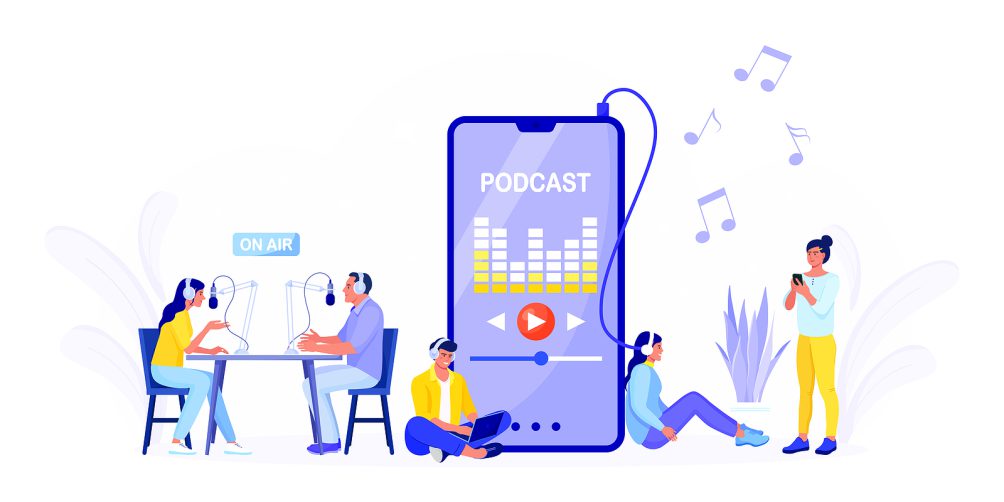 people listening to podcast vector art