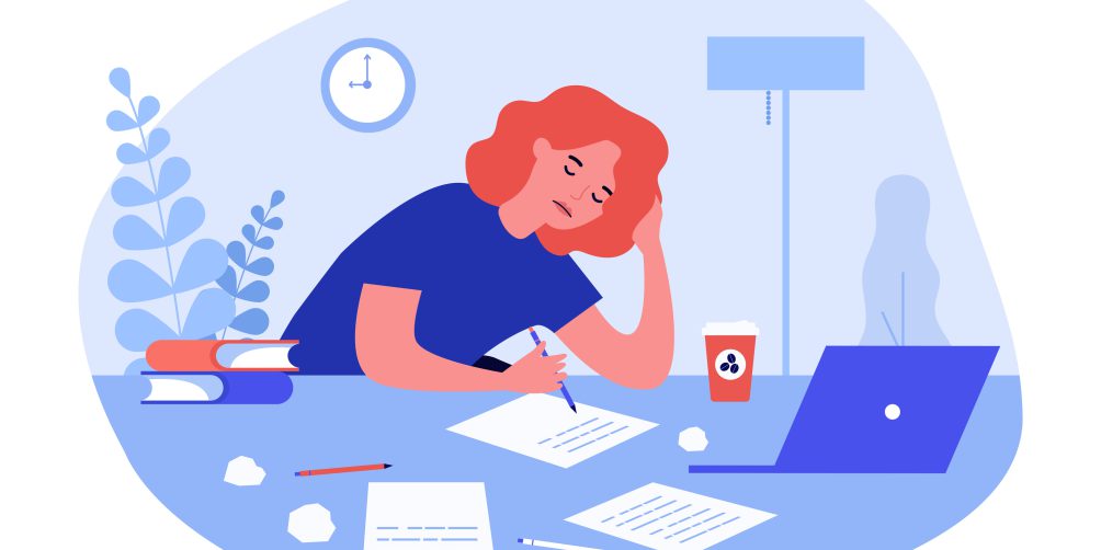 Tired student studying